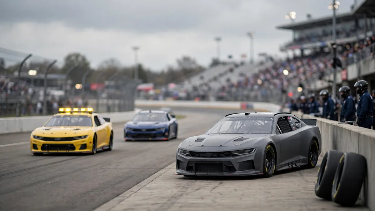 A generic grey stock car on the pit lane apron with fresh tires waiting against the wall while a pace car and a rival car pass on the main track, editorial graphic