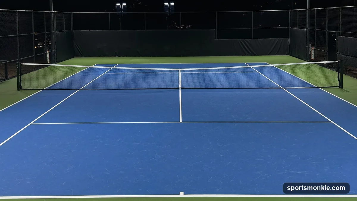 Overhead view of a blue and green acrylic hard tennis court showing the true, consistent surface used at hard-court tournaments