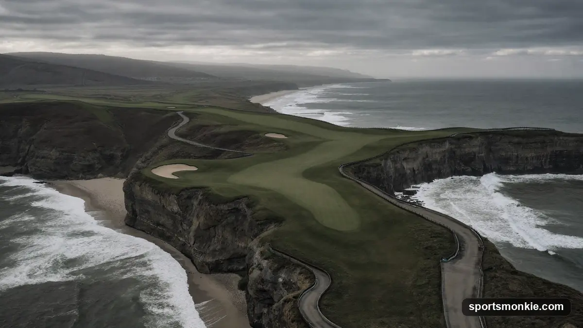 A deep revetted bunker guarding a firm championship green under grey skies