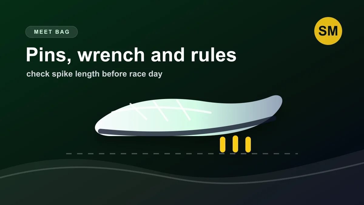 Illustration of replacement track spike pins and a wrench for meet day