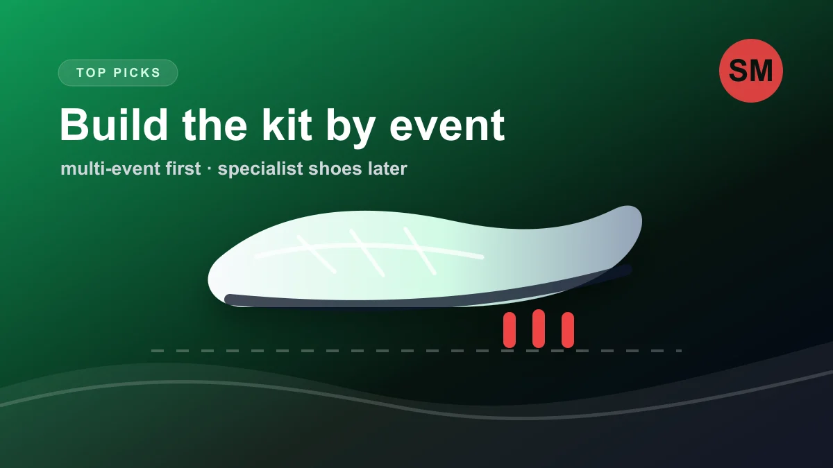 Illustrated heptathlon spike kit showing that multi-event shoes come first and specialist shoes come later