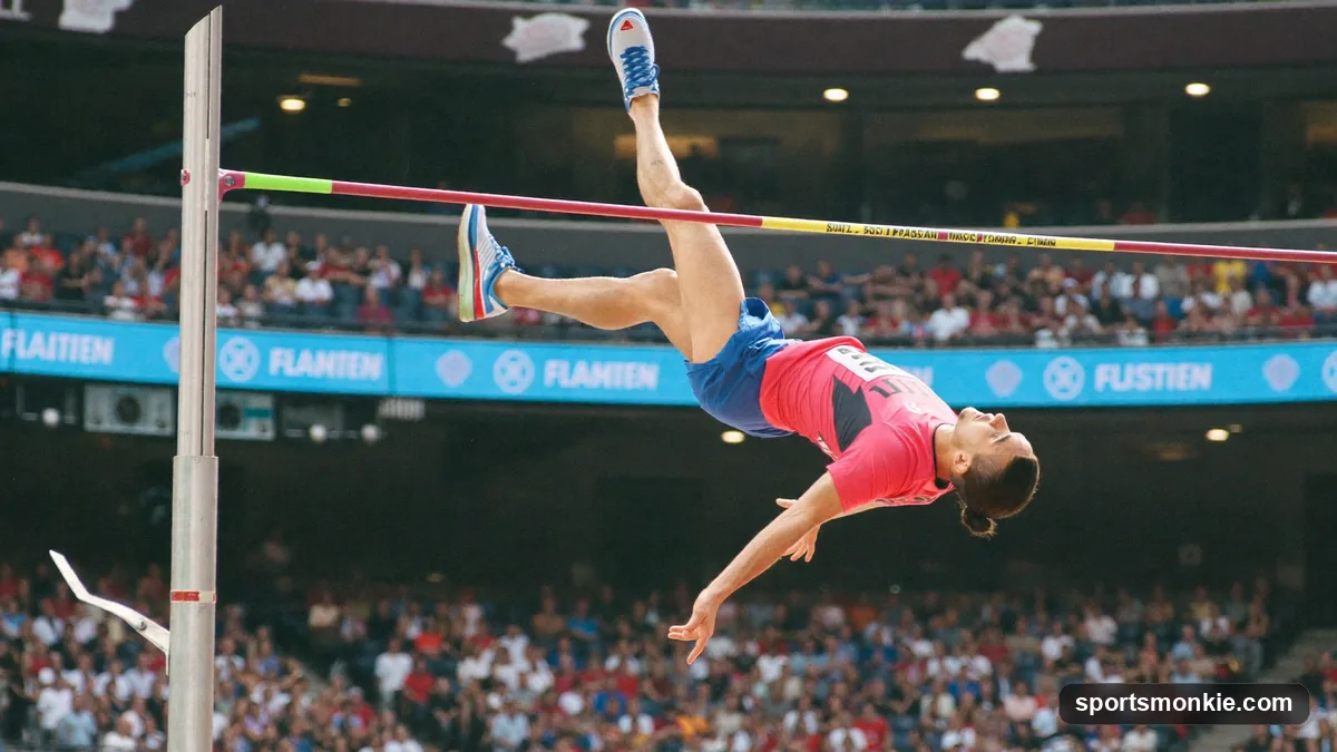 A high jumper arching backward over the bar in the Fosbury Flop technique against a stadium background
