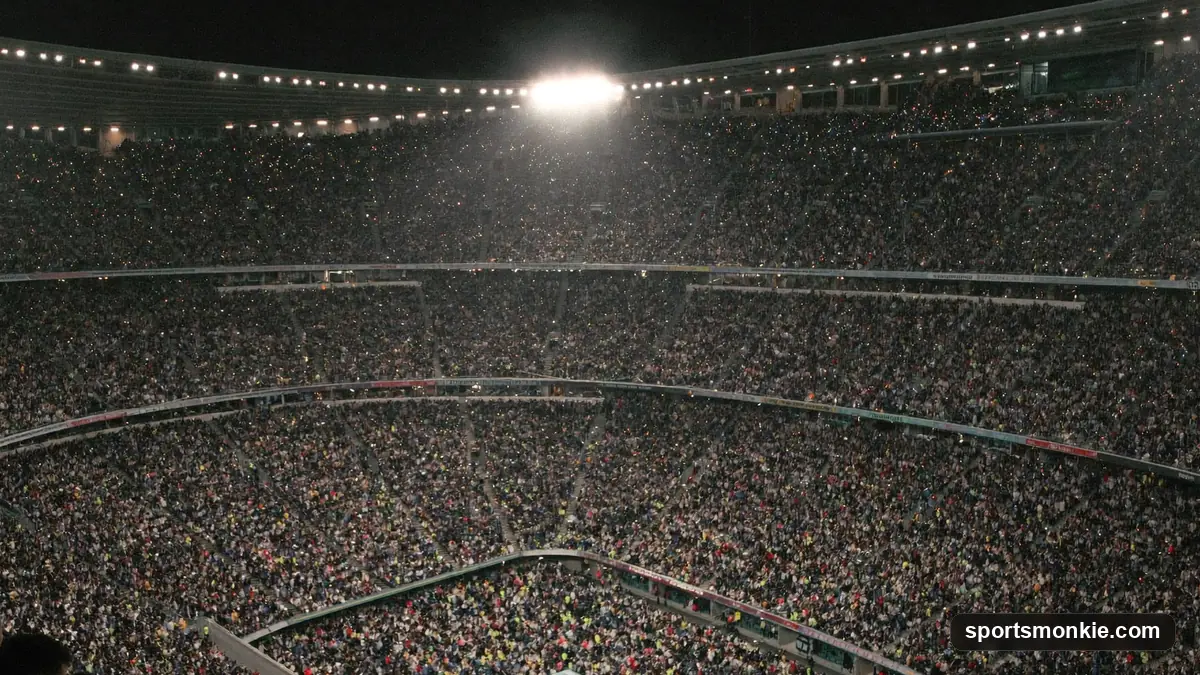 A vast packed grandstand filled with spectators at a major sporting event