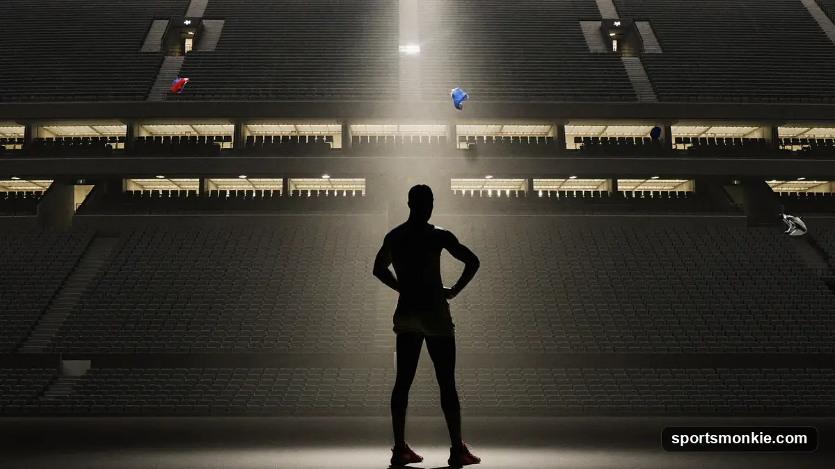 Stacks of money and a golden trophy under stadium lights symbolizing athlete wealth