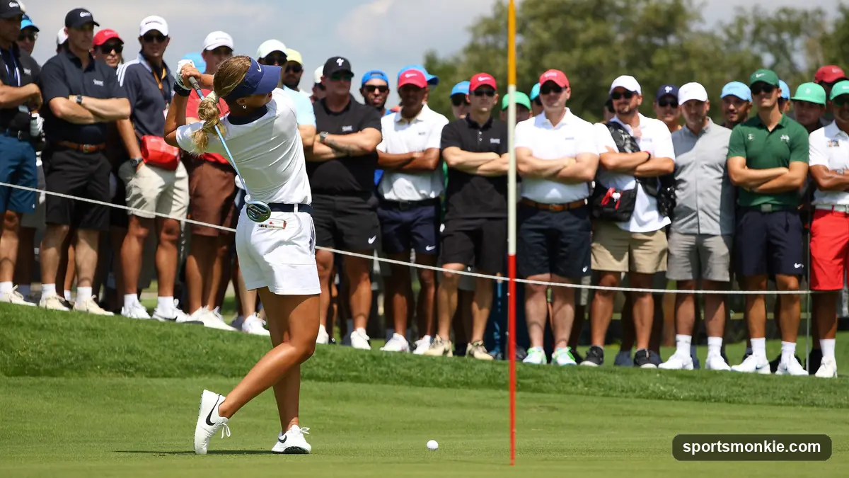An LPGA player striking a fairway wood from short grass as spectators line the ropes at a tournament, leaderboard visible behind the green