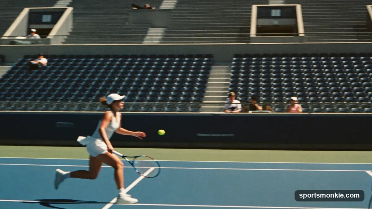 A professional female tennis player serving on a hard court during a Grand Slam night session