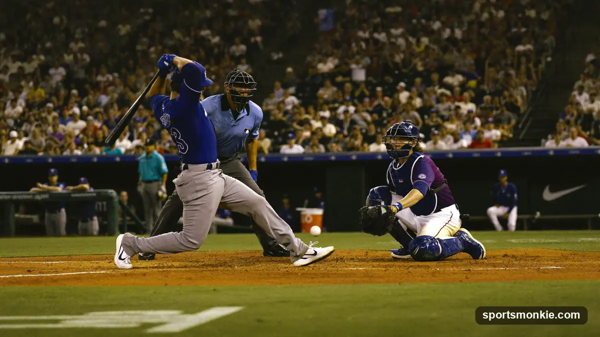 A major league hitter following through on a swing at home plate during a night game, with the catcher and umpire crouched behind him and a full stadium in the background