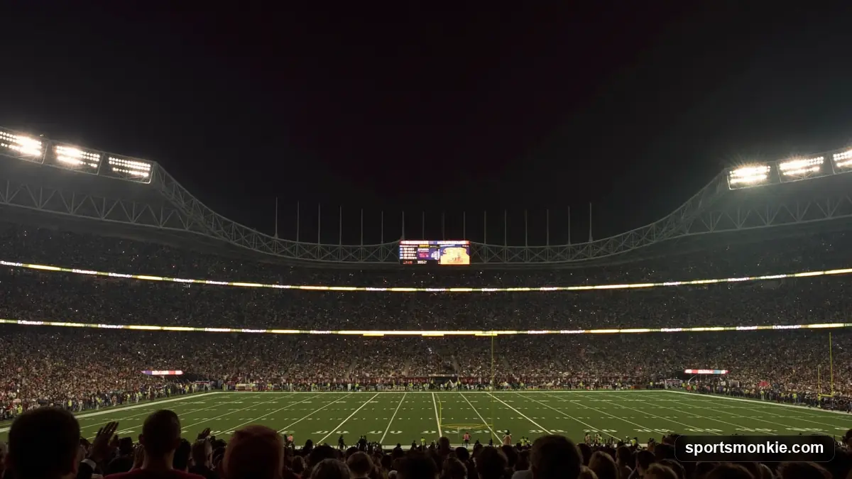 An NFL quarterback dropping back to pass under stadium lights during a night game