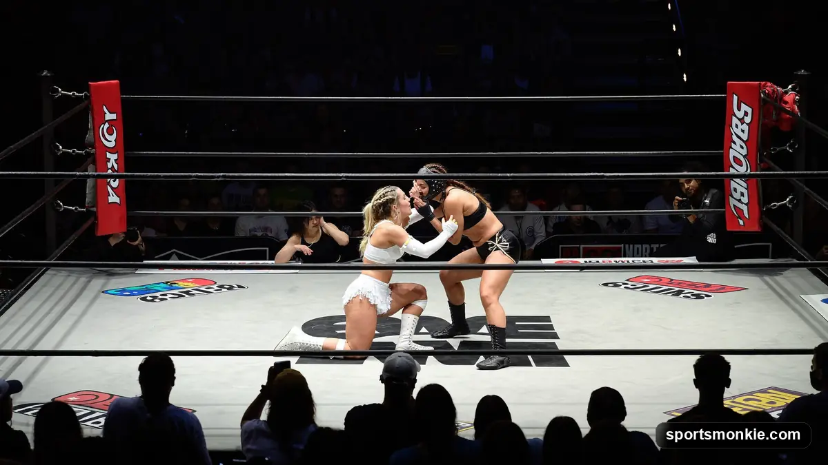 Two WWE women's wrestlers locked up in the centre of the ring under arena spotlights, with a packed crowd and ringside camera crew behind them