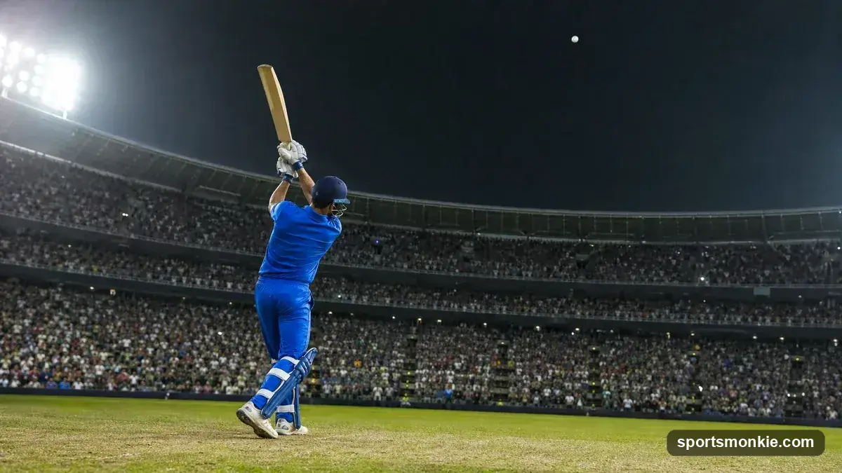 A cricket batter celebrating a big six in a T20 international match
