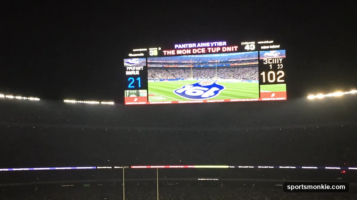 Vintage-style NFL scoreboard showing a lopsided high-scoring final total under stadium lights