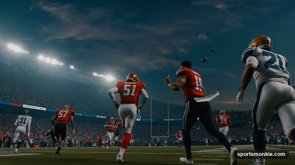 An NFL stadium scoreboard glowing with a lopsided high score under stadium lights