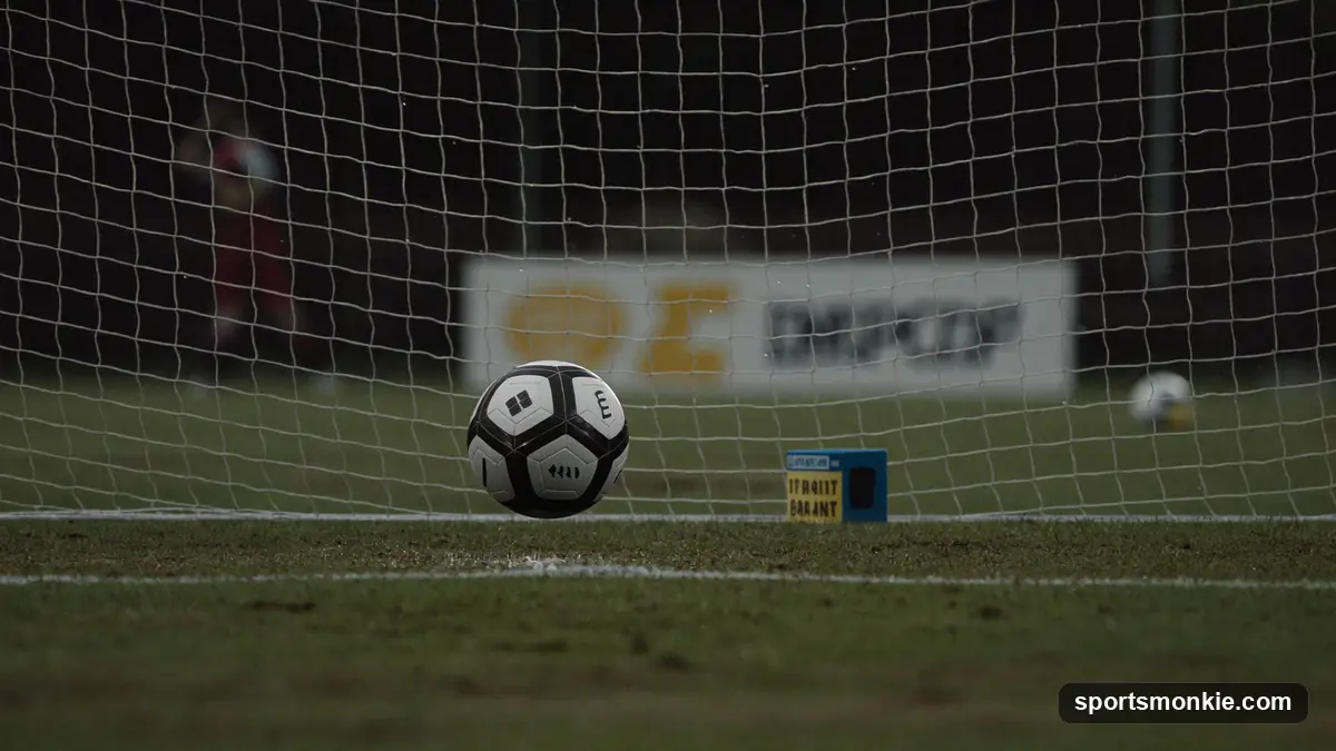 A soccer ball crossing the goal line into an empty net under floodlights
