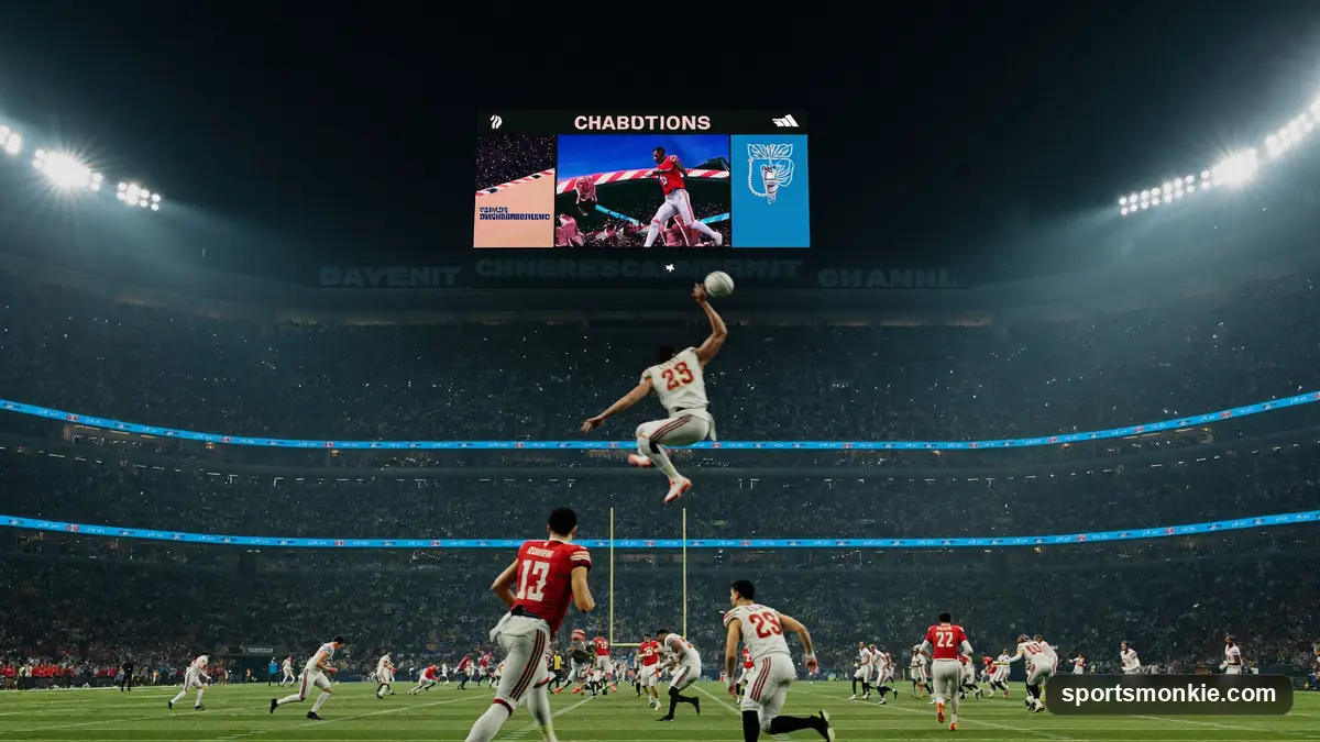A Super Bowl stadium scoreboard showing high point totals under bright lights