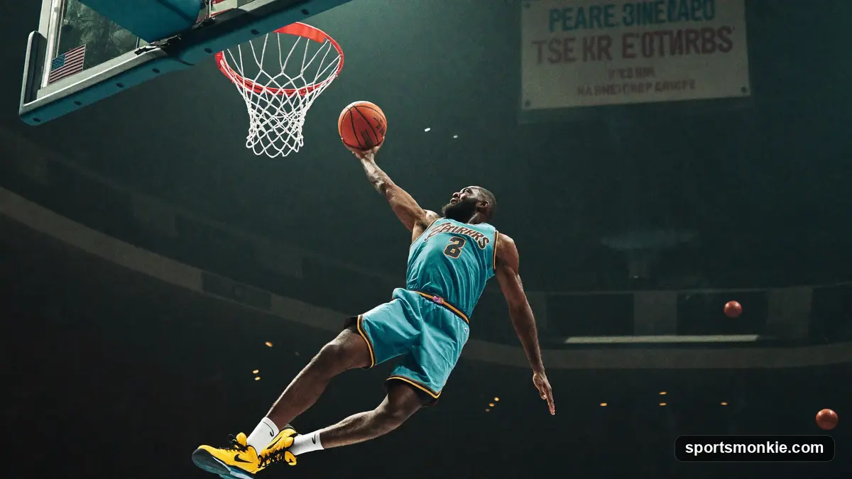 A basketball player leaping high above the rim to dunk in a spotlit arena