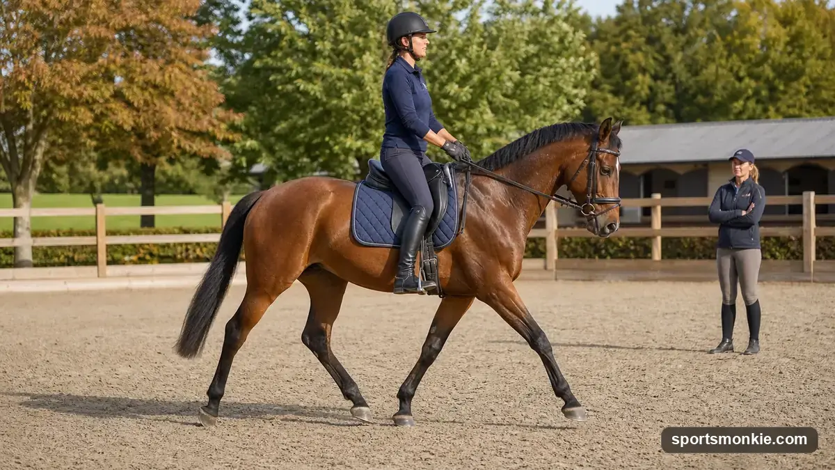 Beginner rider practicing correct seat position and rein technique on a horse in an arena