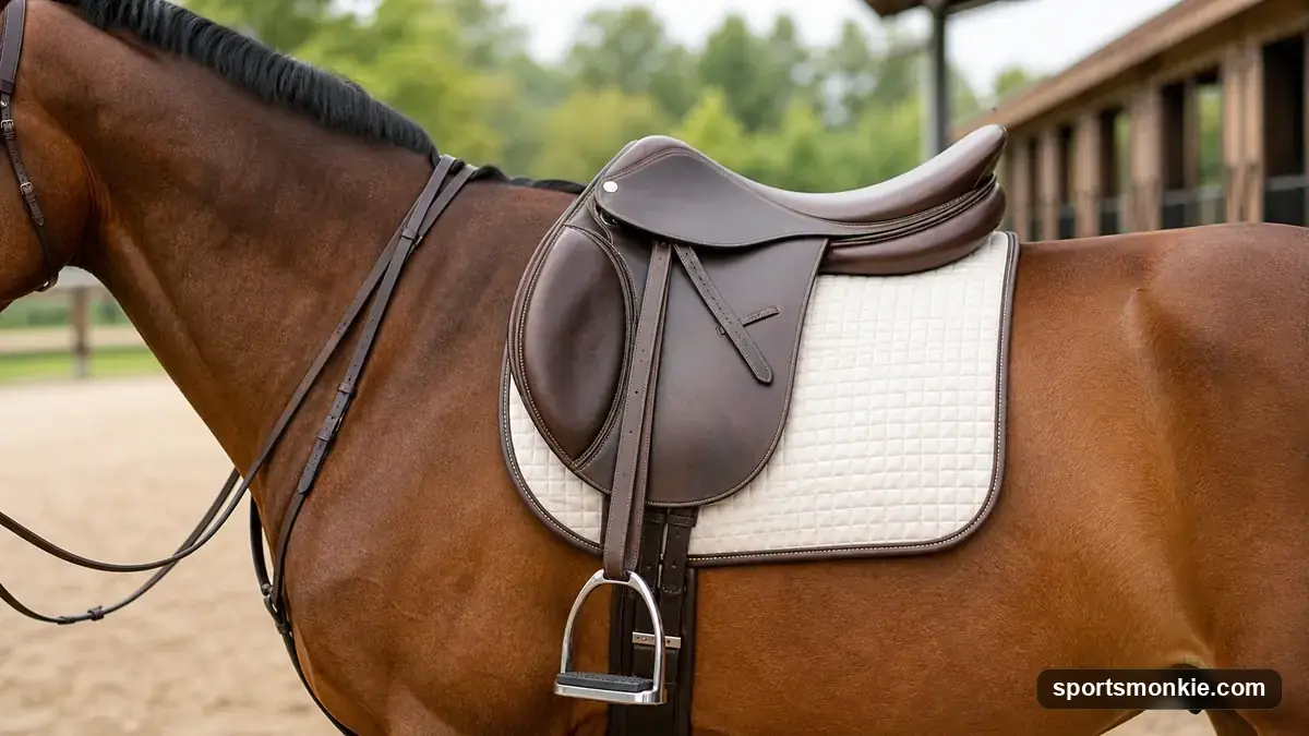 Western and English horse saddles side by side on saddle racks in a tack room
