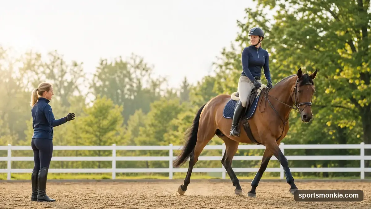 Adult beginner rider on a lesson horse in an outdoor arena with an instructor