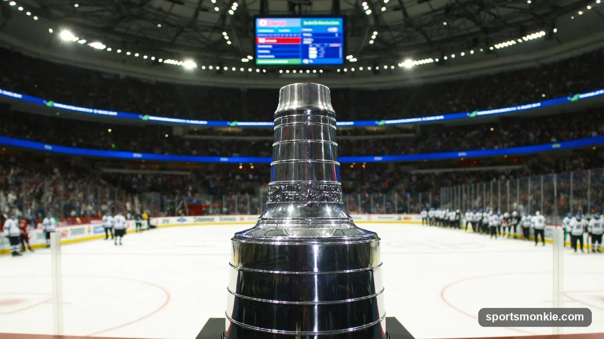 The Stanley Cup on display with a playoff bracket concept in the background