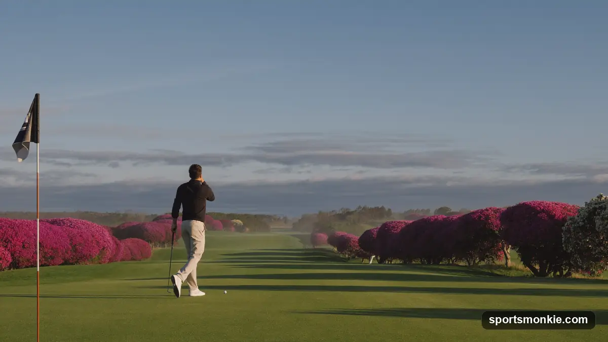 Golfer walking up the fairway at an Augusta-style course toward the clubhouse