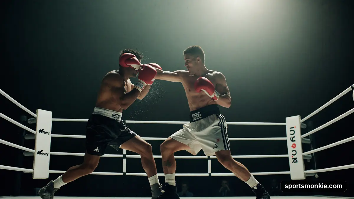 A boxing judge scoring a round at ringside as two boxers exchange punches
