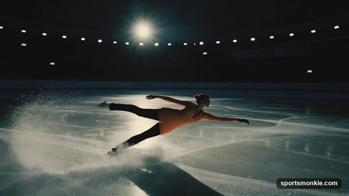 A figure skater mid-jump during a competitive program with judges in the background
