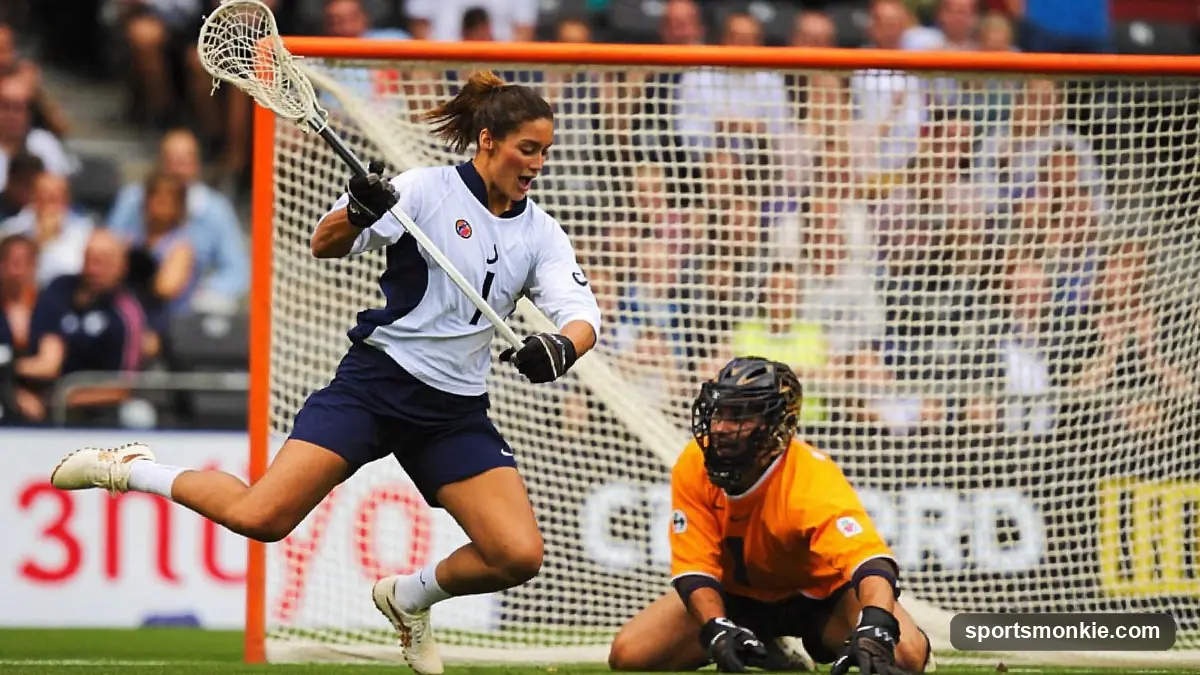 An attacker firing a shot past the goalie into the net during a lacrosse game