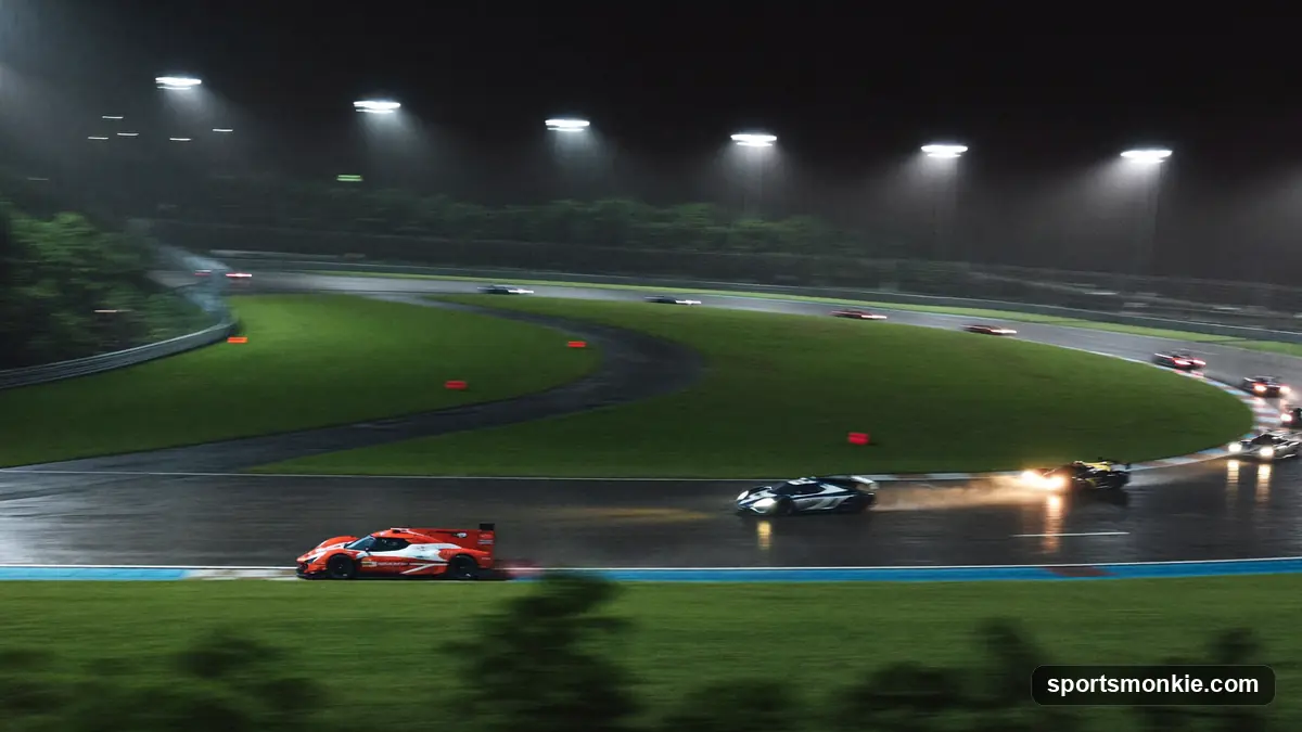 Endurance prototype race cars speeding along a floodlit straight at night during Le Mans