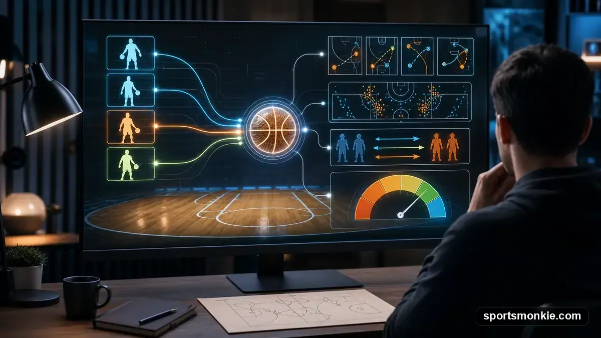 Basketball analytics dashboard graphic representing a statistical simulation engine
