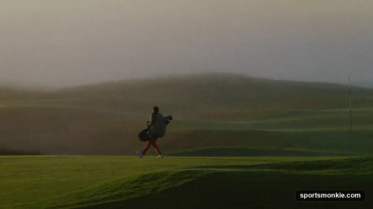 Two golfers walking up a fairway with push carts, viewed from behind