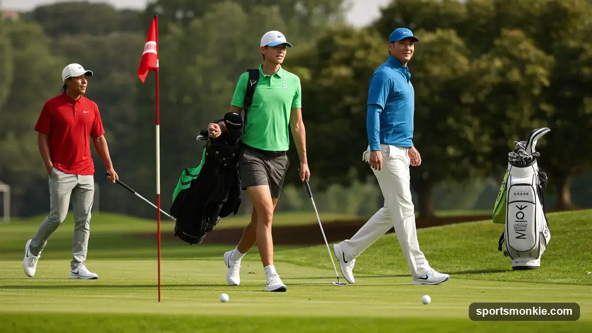 Golfers walking up a fairway toward the green late in an 18-hole round