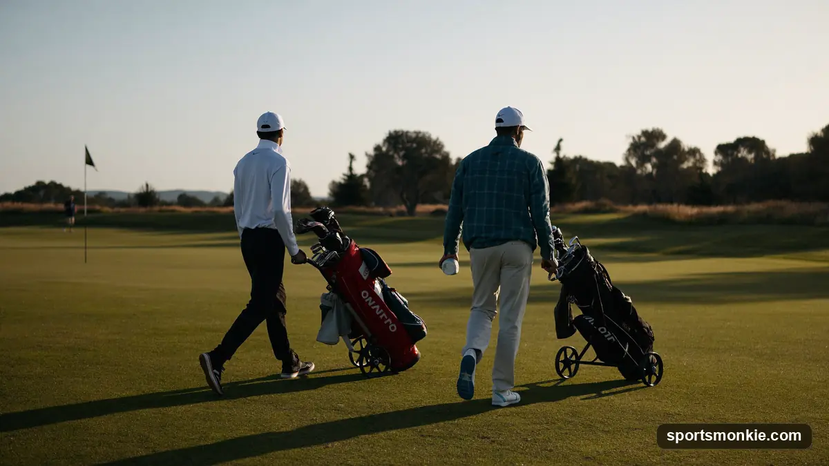 Two golfers walking down a fairway at dusk pulling trolleys after teeing off on a nine-hole course