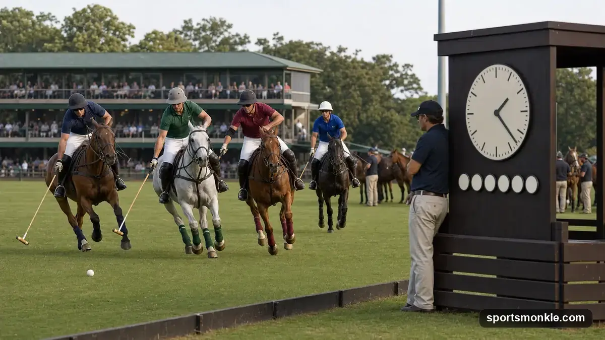 Polo players on horseback competing during a chukka, with a scoreboard showing match time