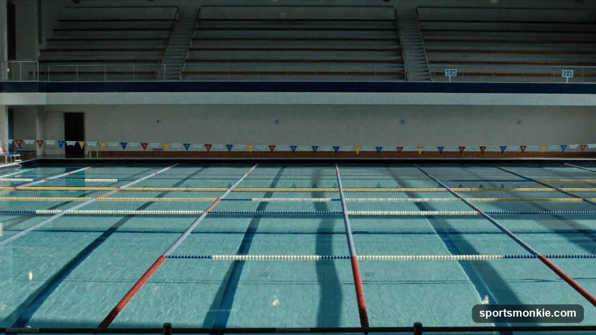 Diagram of an Olympic swimming pool showing 50 meters long, 25 meters wide, and 10 lanes