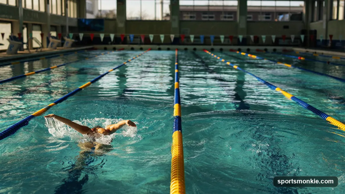 Lap swimmer in a 25-yard pool pushing off the wall mid-freestyle during a distance set