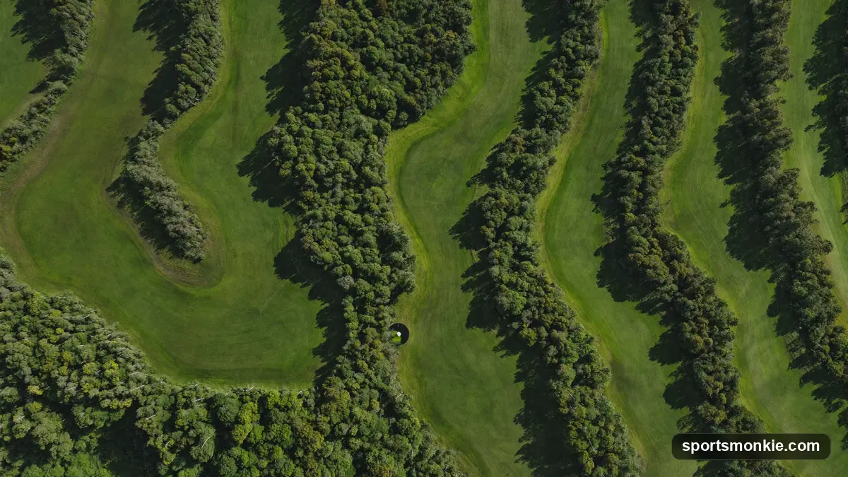 Aerial view of an 18-hole golf course showing fairways, greens and surrounding tree lines