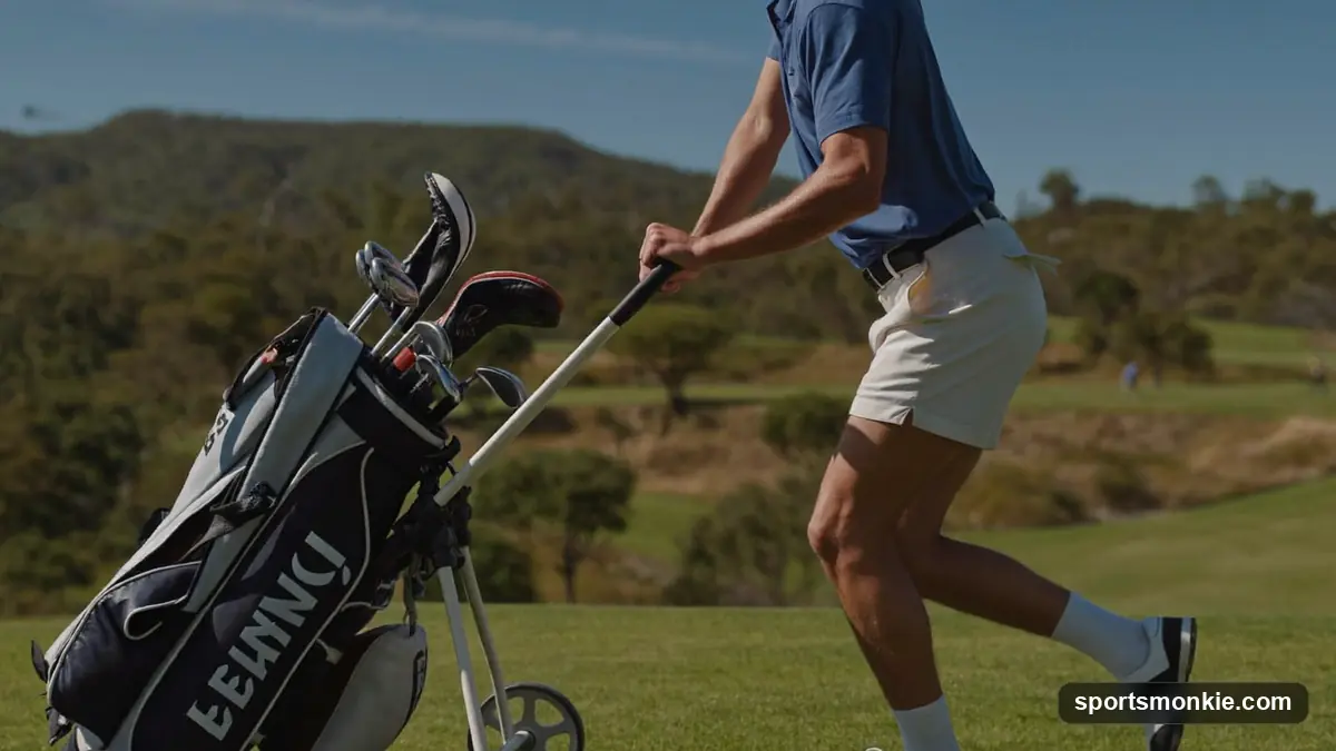 A golfer walking an uphill fairway carrying a stand bag on a sunny afternoon