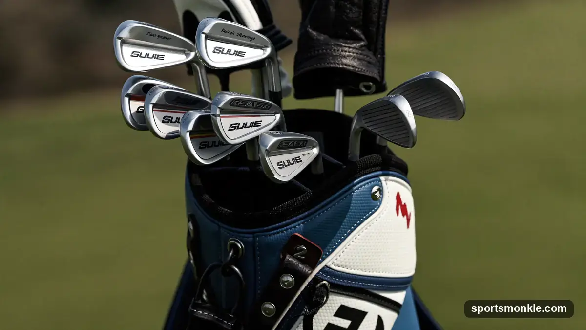 A golf bag holding a full set of 14 clubs including driver, irons, wedges and a putter