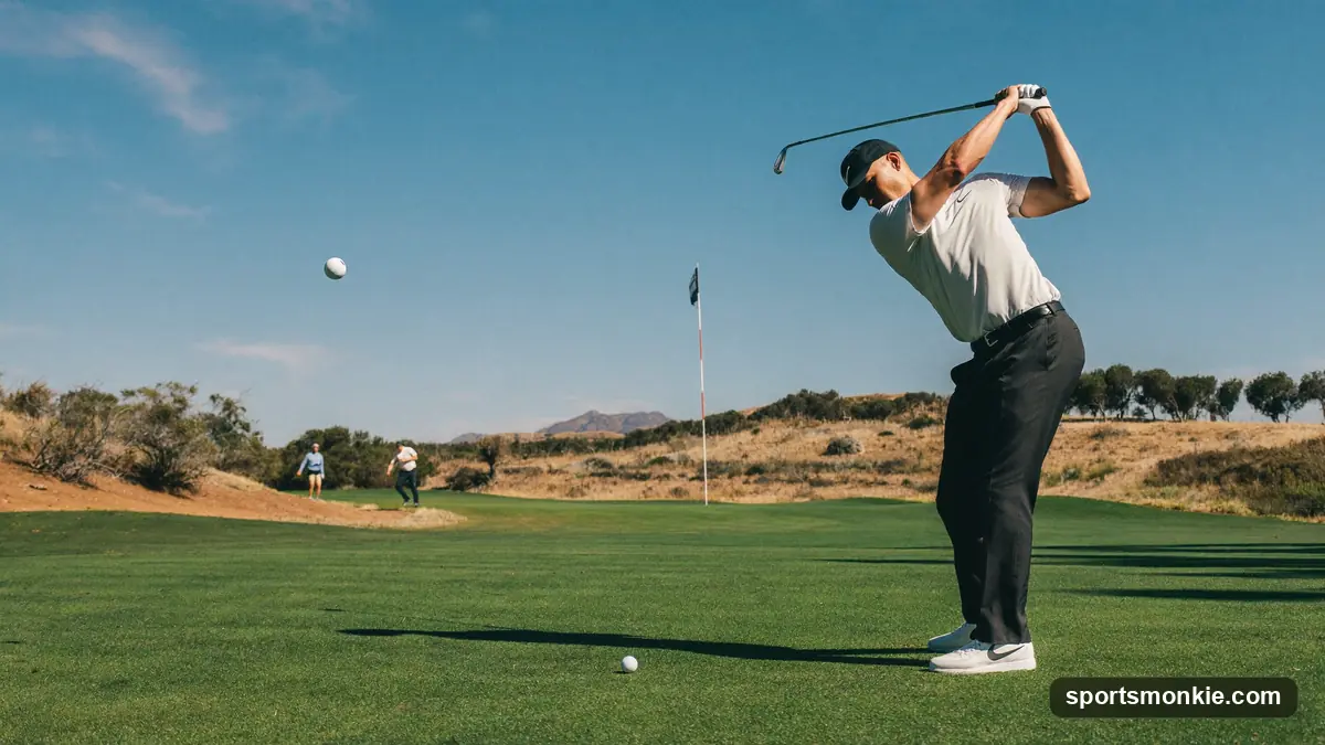 Golfer teeing off on a wide sunlit fairway as the ball climbs into the sky