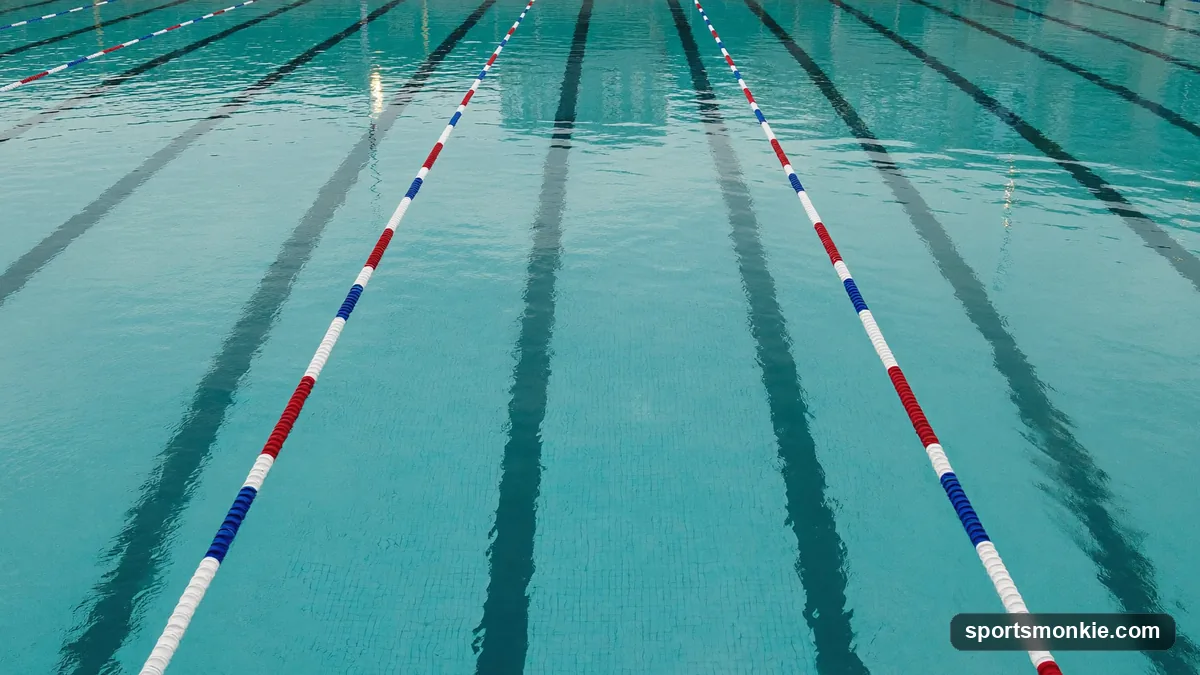 An empty competition lap pool with straight lane lines stretching to the far wall