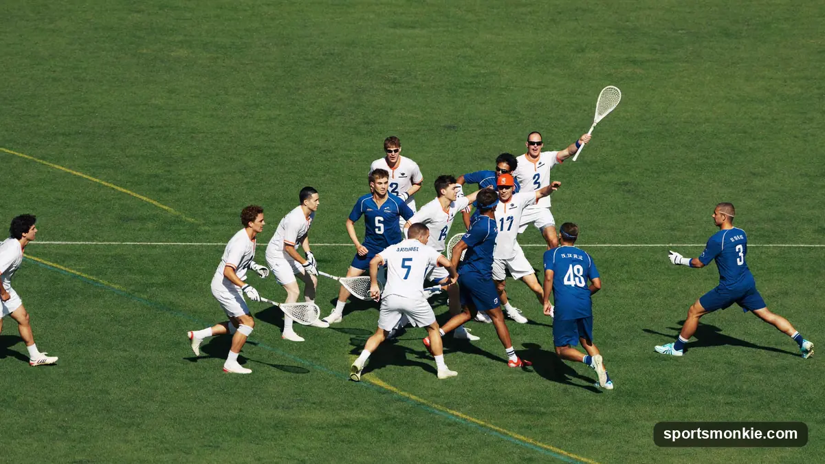 Men's field lacrosse team of ten players lined up on a green field before a game