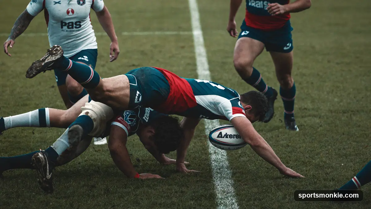 A rugby player diving to ground the ball over the try line in the in-goal area