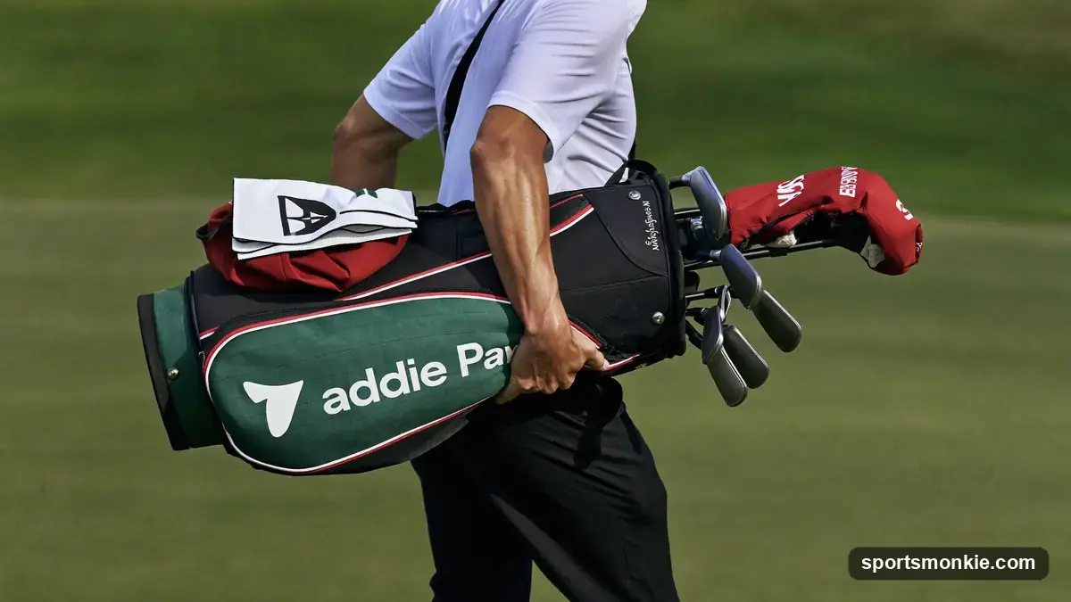 A tour caddie carrying a professional golfer's bag on the fairway, illustrating caddie pay