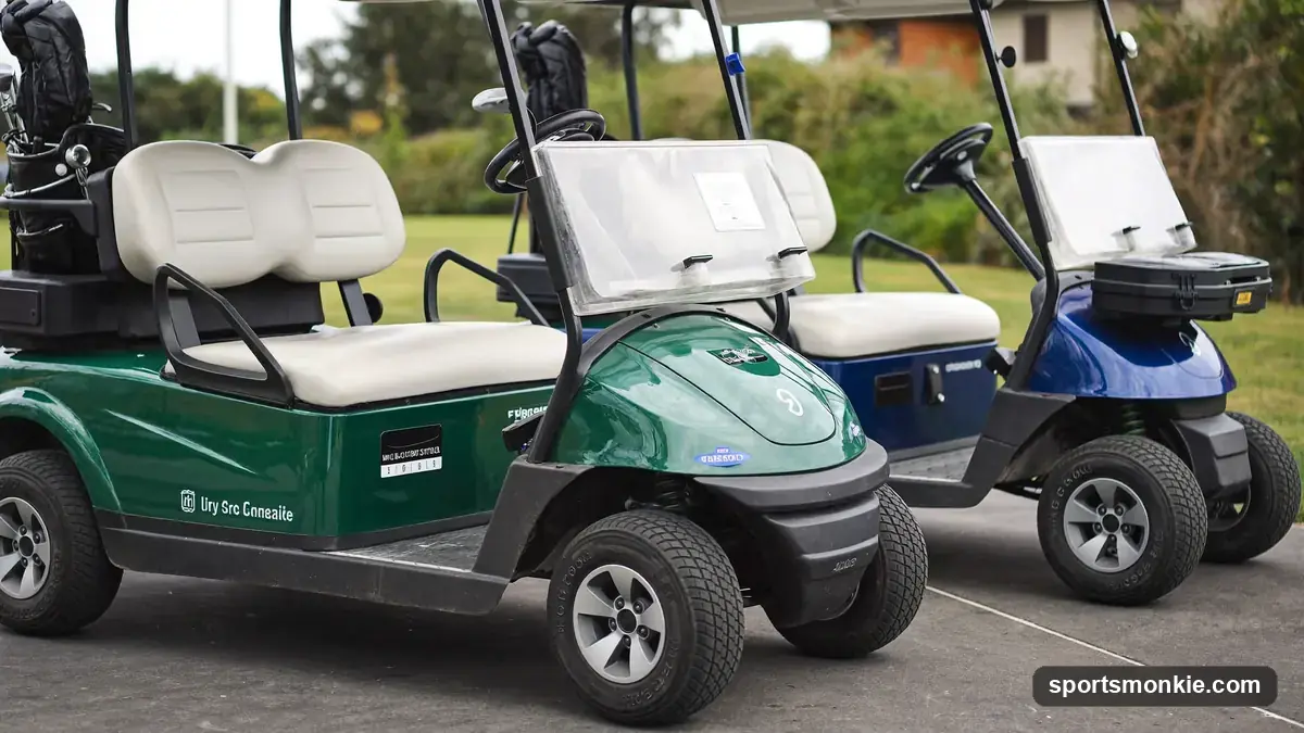A new lithium-powered street-legal golf cart parked beside a used cart, illustrating new versus used pricing