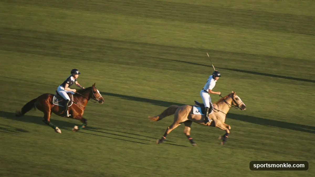 Polo pony and player during a chukka on a grass polo field