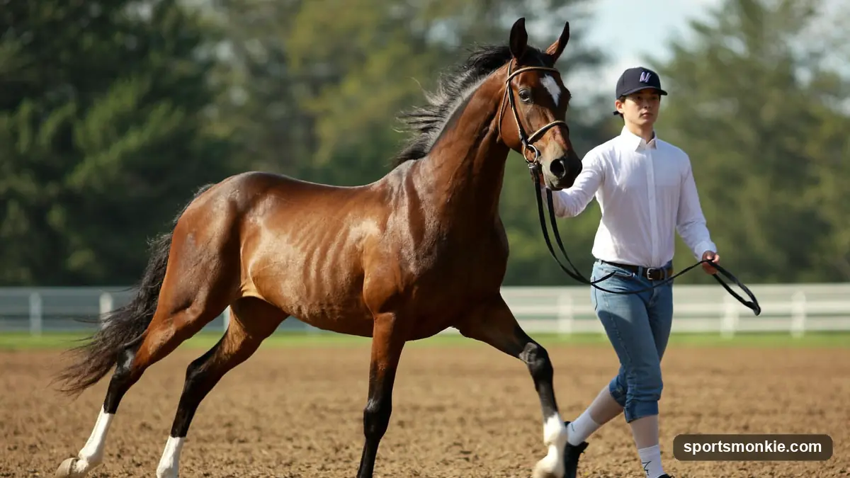 A Thoroughbred racehorse being led at a sales paddock before auction