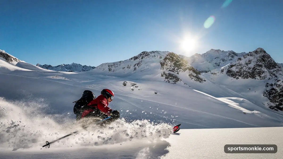 Skiers on a chairlift above a snowy mountain resort on a ski trip