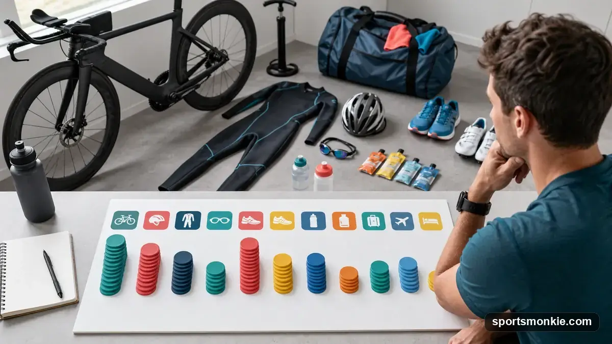 Cost breakdown chart for a full Ironman triathlon covering entry fee, gear, coaching and travel
