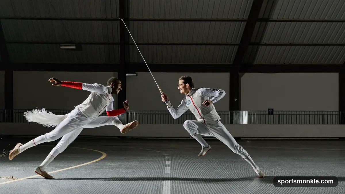 Two fencers in white gear lunge on a piste during a training bout