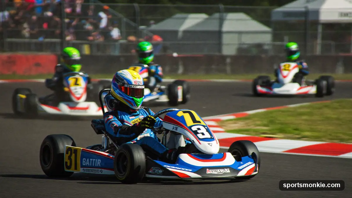 Go-karts racing on an indoor karting track with drivers in helmets